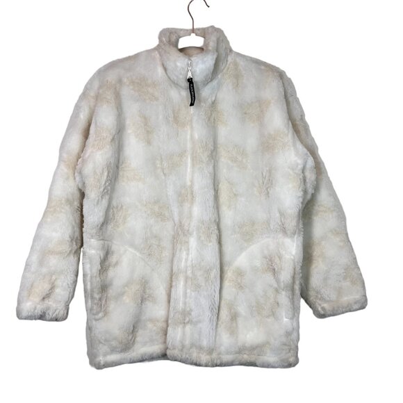 Fuzzy Sherpa Jacket Cream & Beige Leaf Pattern Cozy Full Zip Warm Coat - Picture 1 of 12